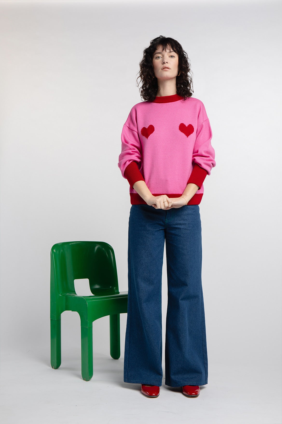 Pull Côme rose cœurs rouges