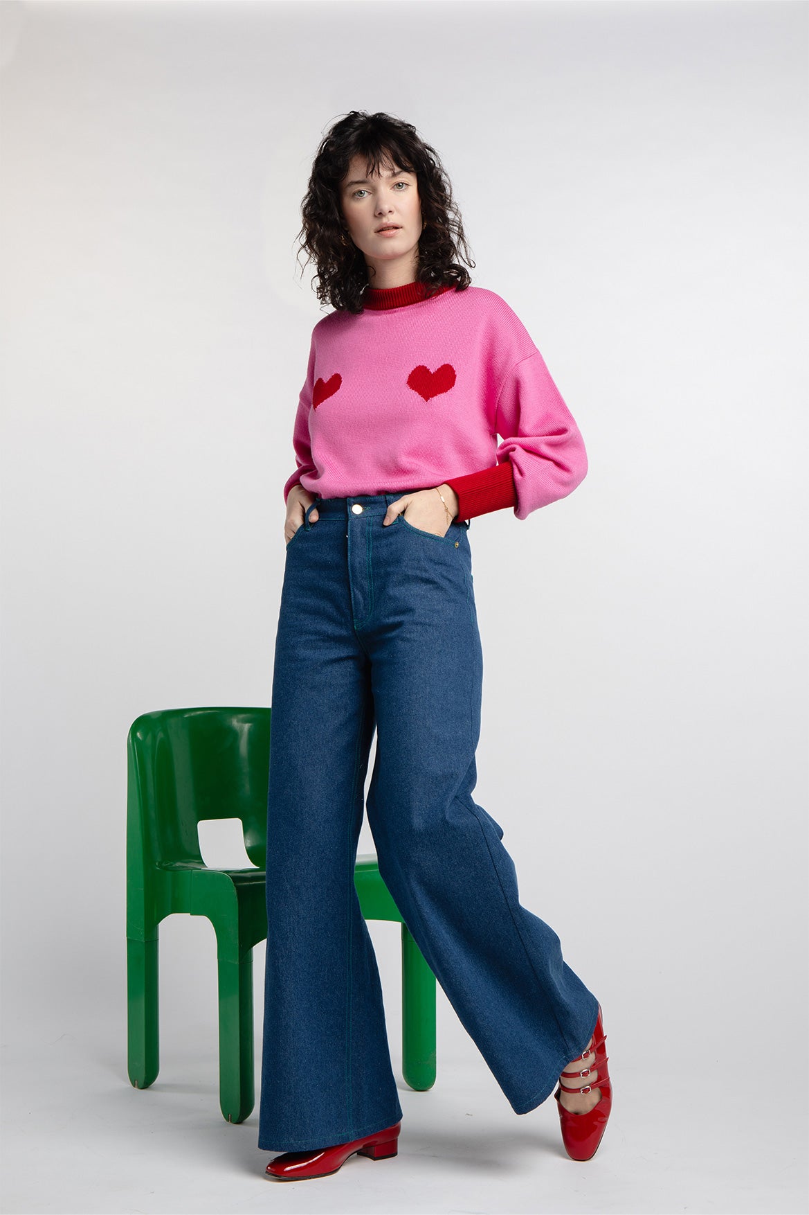 Pull Côme rose cœurs rouges