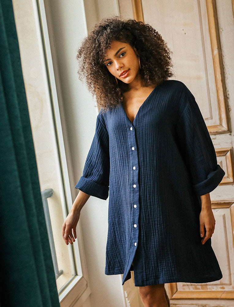 robe flore gaze de coton marine