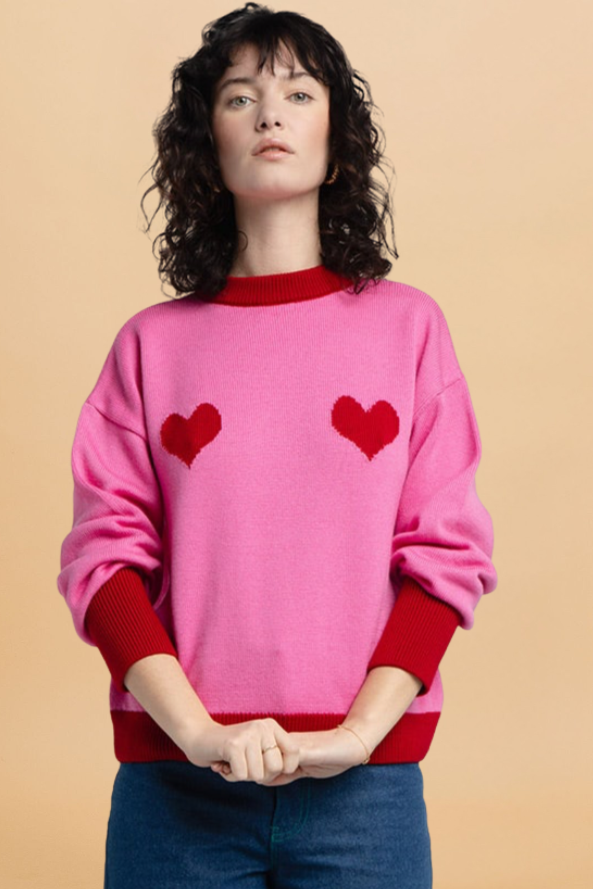 Pull Côme rose cœurs rouges
