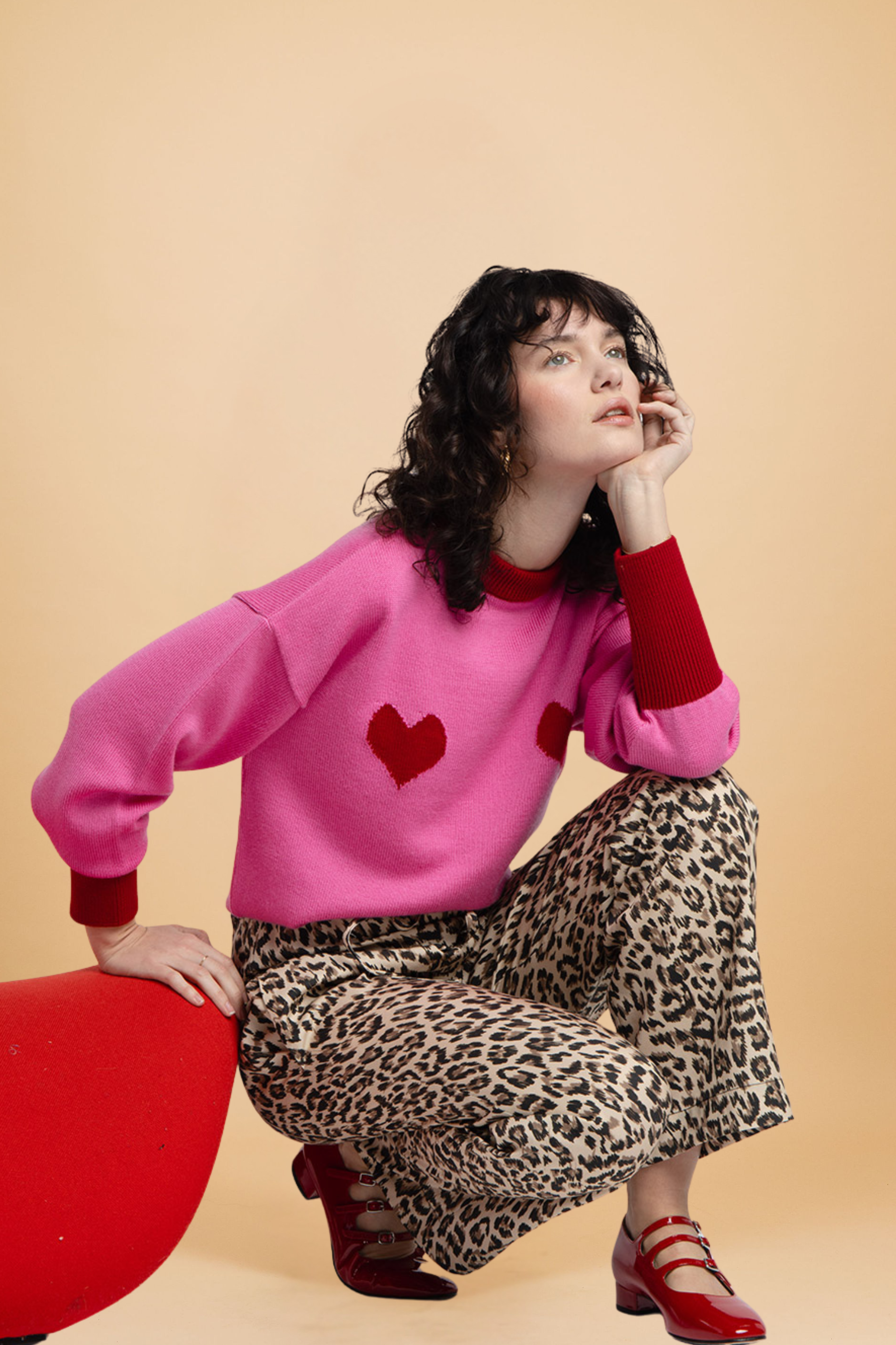Pull Côme rose cœurs rouges