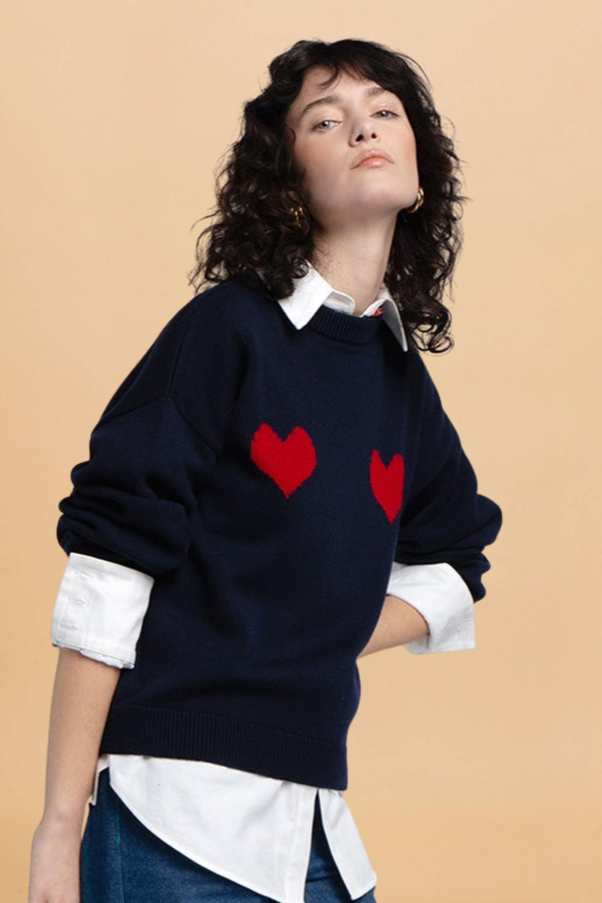 Pull Côme marine cœurs rouges