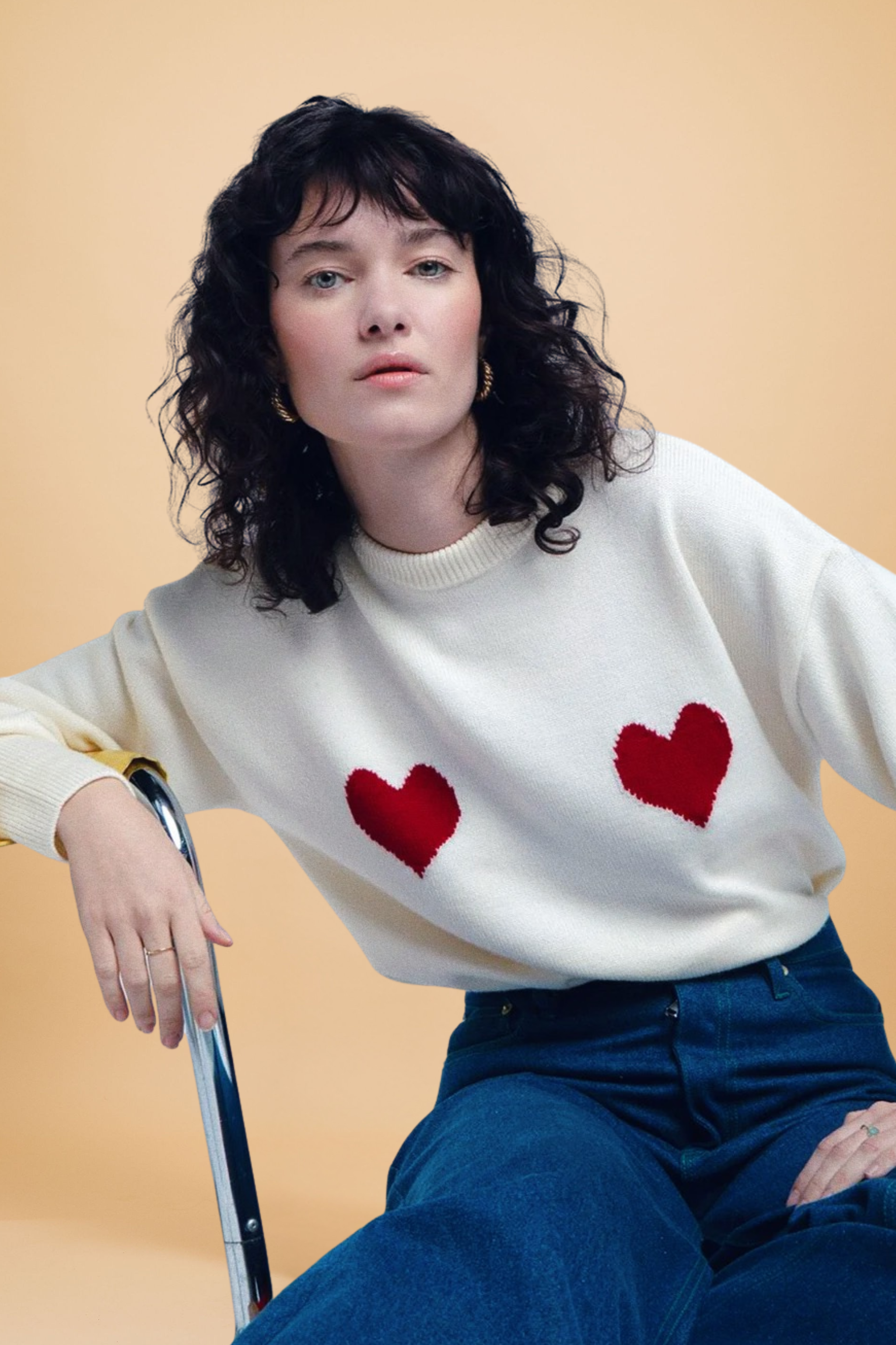 Pull Côme écru cœurs rouges