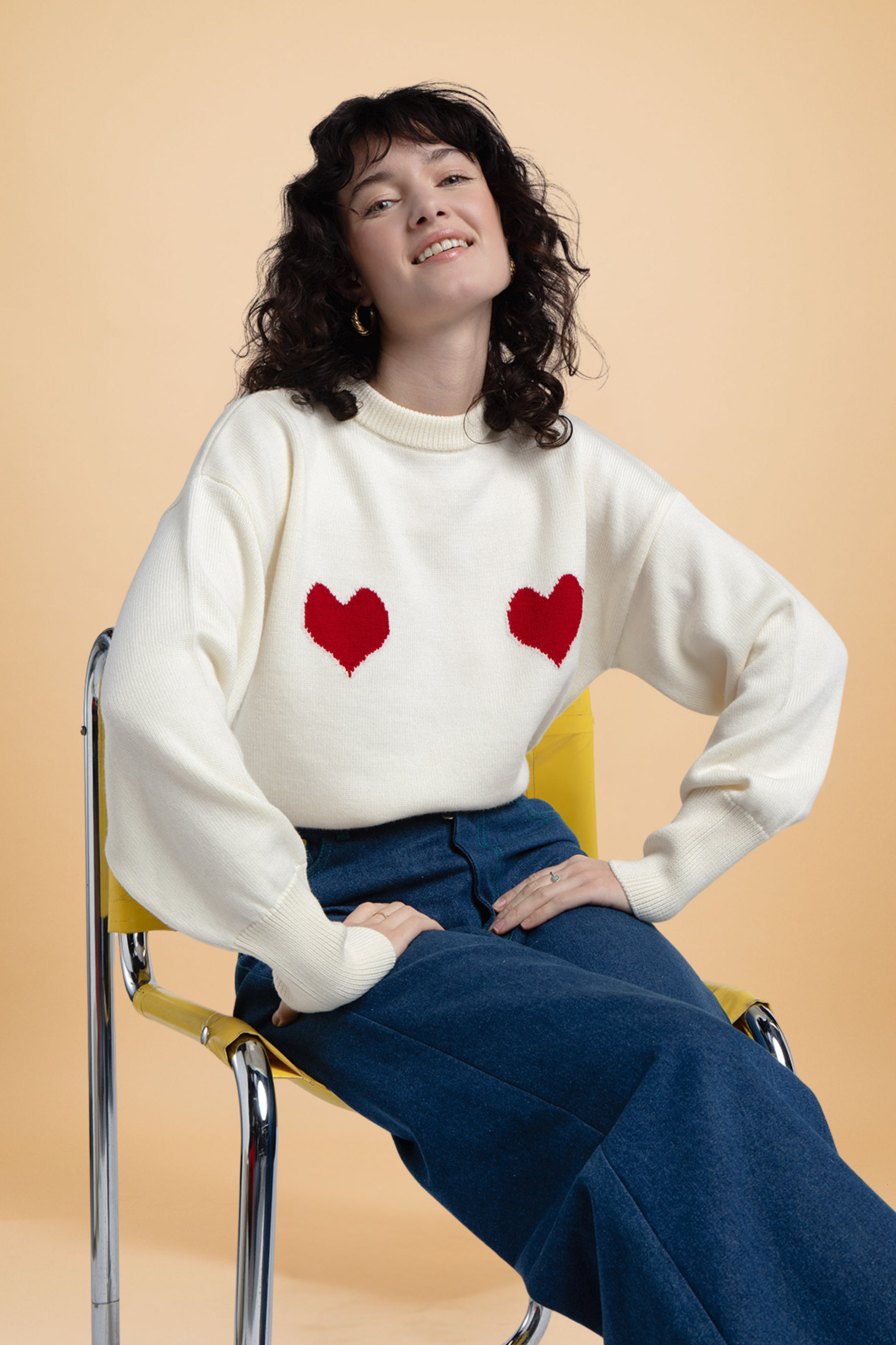 Pull Côme écru cœurs rouges