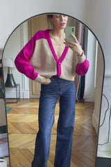 Gilet en laine Denise beige et fuchsia