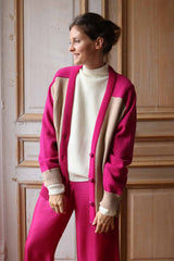 Gilet en laine Denise beige et fuchsia