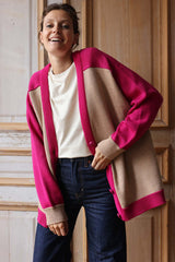 Gilet en laine Denise beige et fuchsia