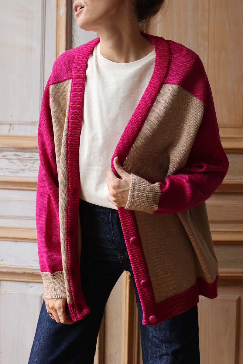 Gilet en laine Denise beige et fuchsia