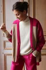 Gilet en laine Denise beige et fuchsia