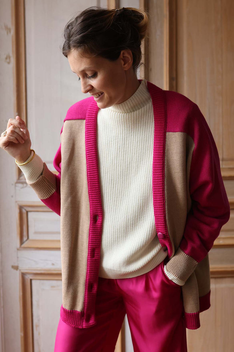 Gilet en laine Denise beige et fuchsia