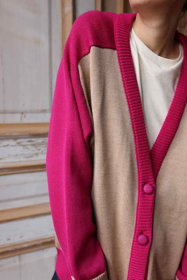 Gilet en laine Denise beige et fuchsia