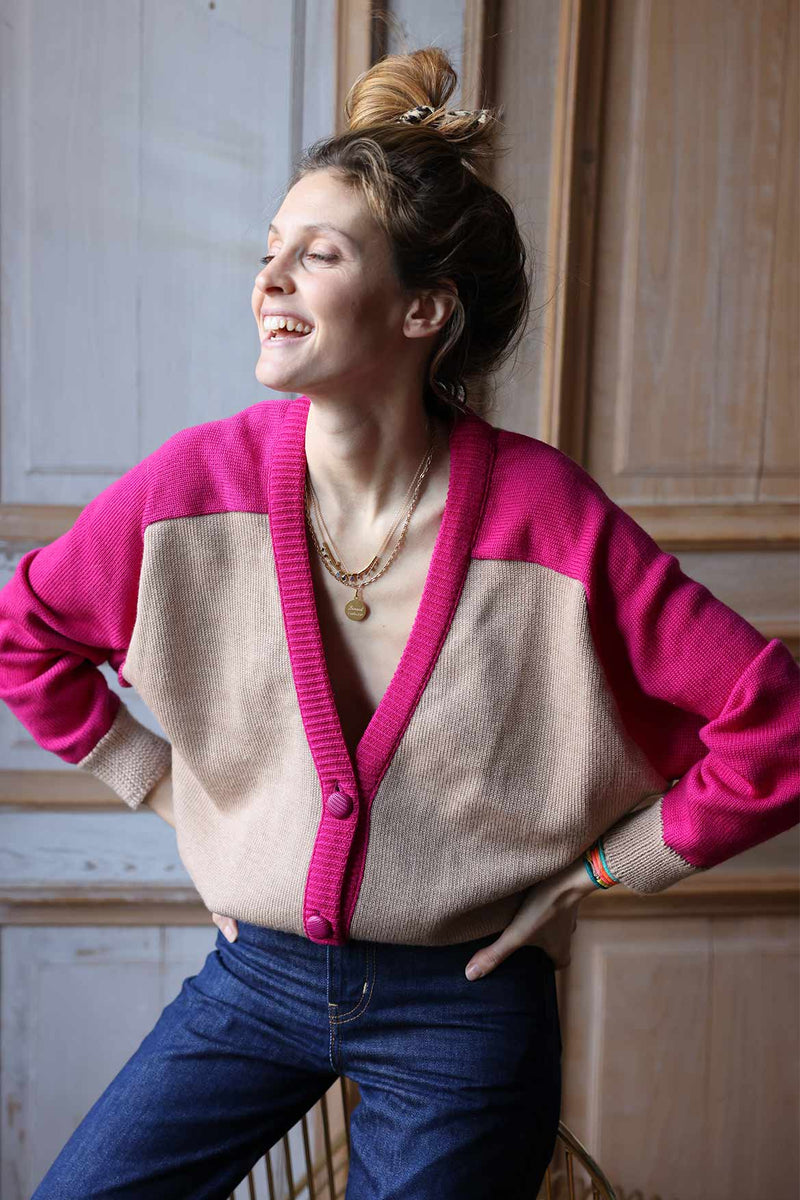 Gilet en laine Denise beige et fuchsia